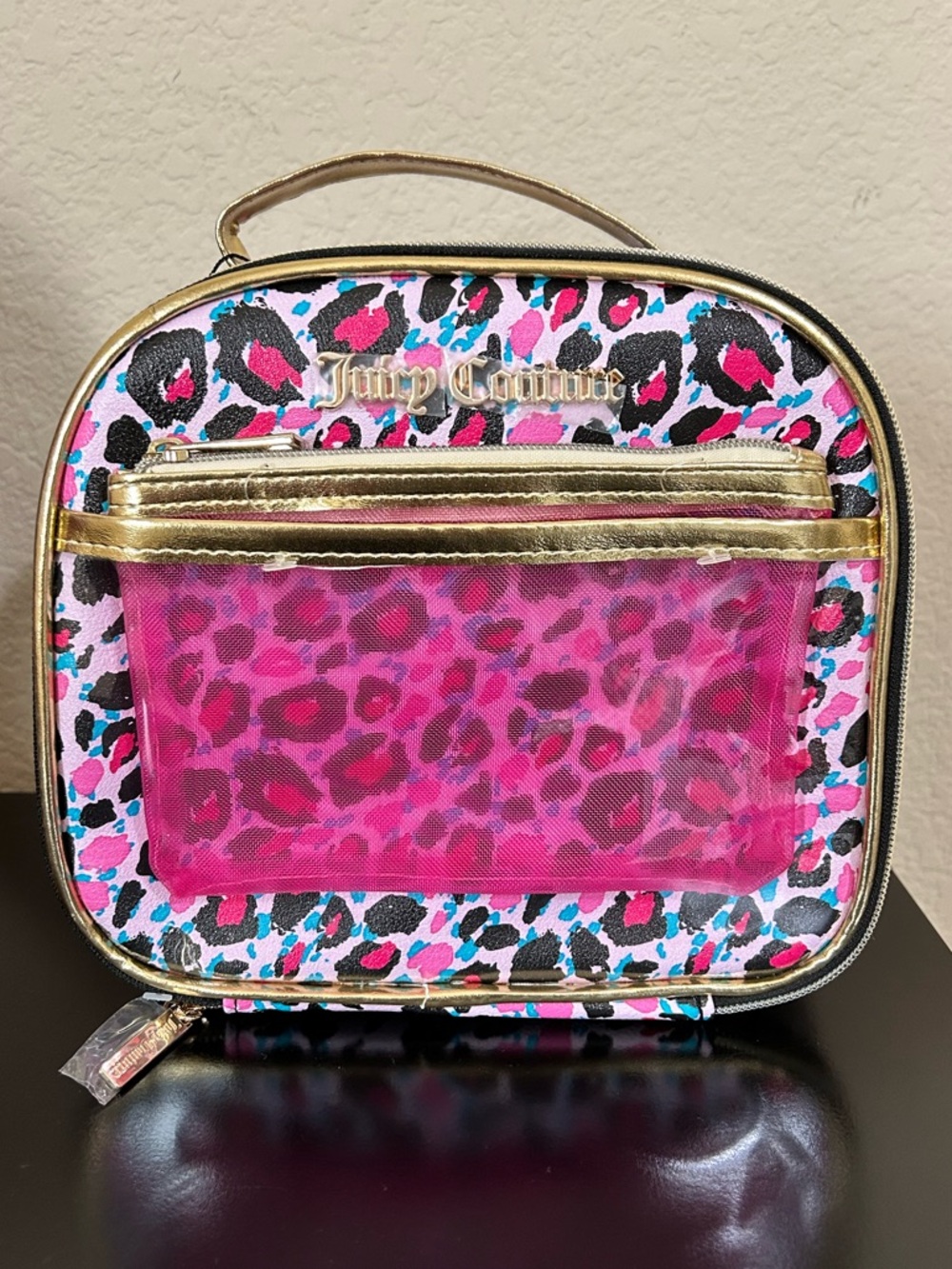 Juicy Couture Pink Leopard Print Cosmetic Case with Gold Trim